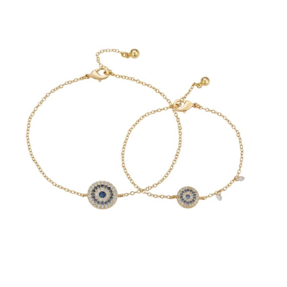 Unwritten CZ Round Evil Eye Mother and Daughter Bracelet Set in 14K Gold Plated